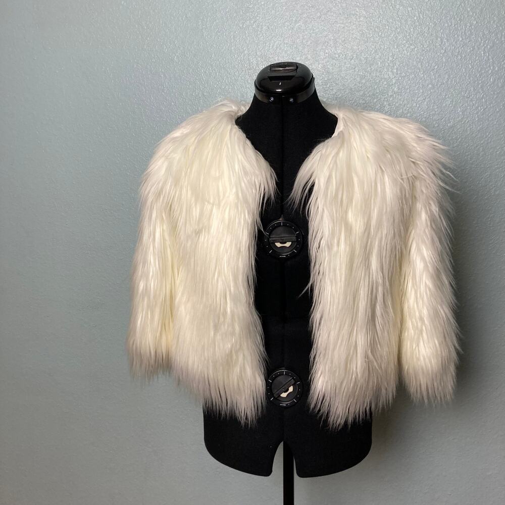 S QIYE Long white Faux Fur Teddy Fashion jacket open front coat statement piece